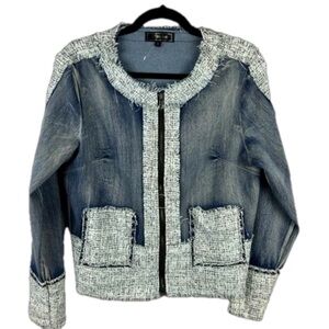 Minkas Chambray Tweed Cotton Blend Blue Full Zip Jacket Small